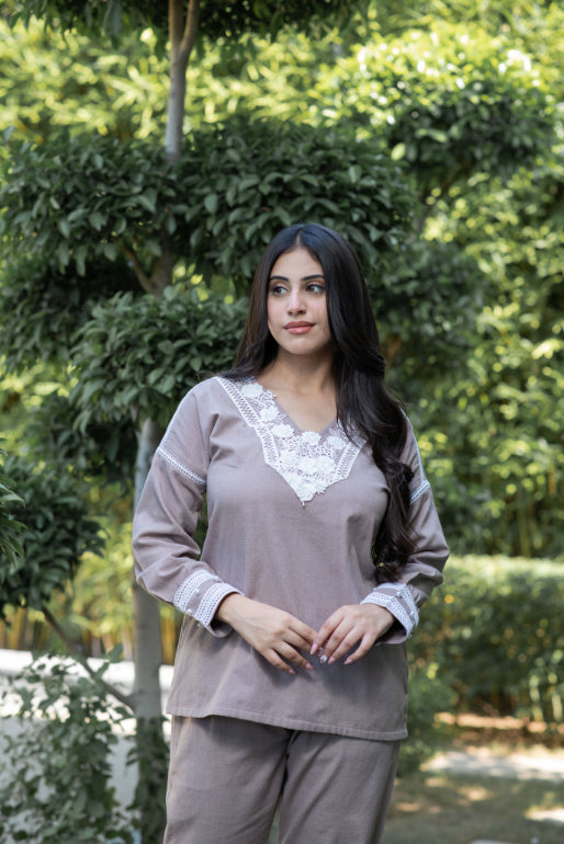 Dove Grey Co-Ord Set With Lace  Neckline And Pearl Accents