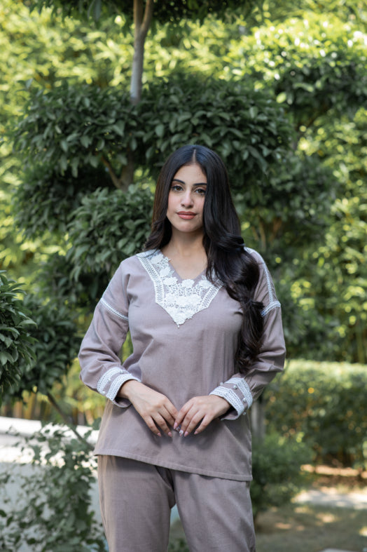 Dove Grey Co-Ord Set With Lace  Neckline And Pearl Accents