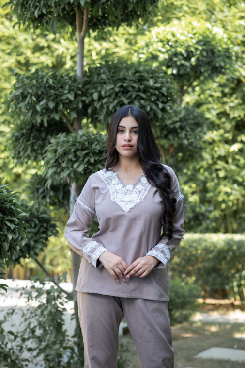 Dove Grey Co-Ord Set With Lace  Neckline And Pearl Accents